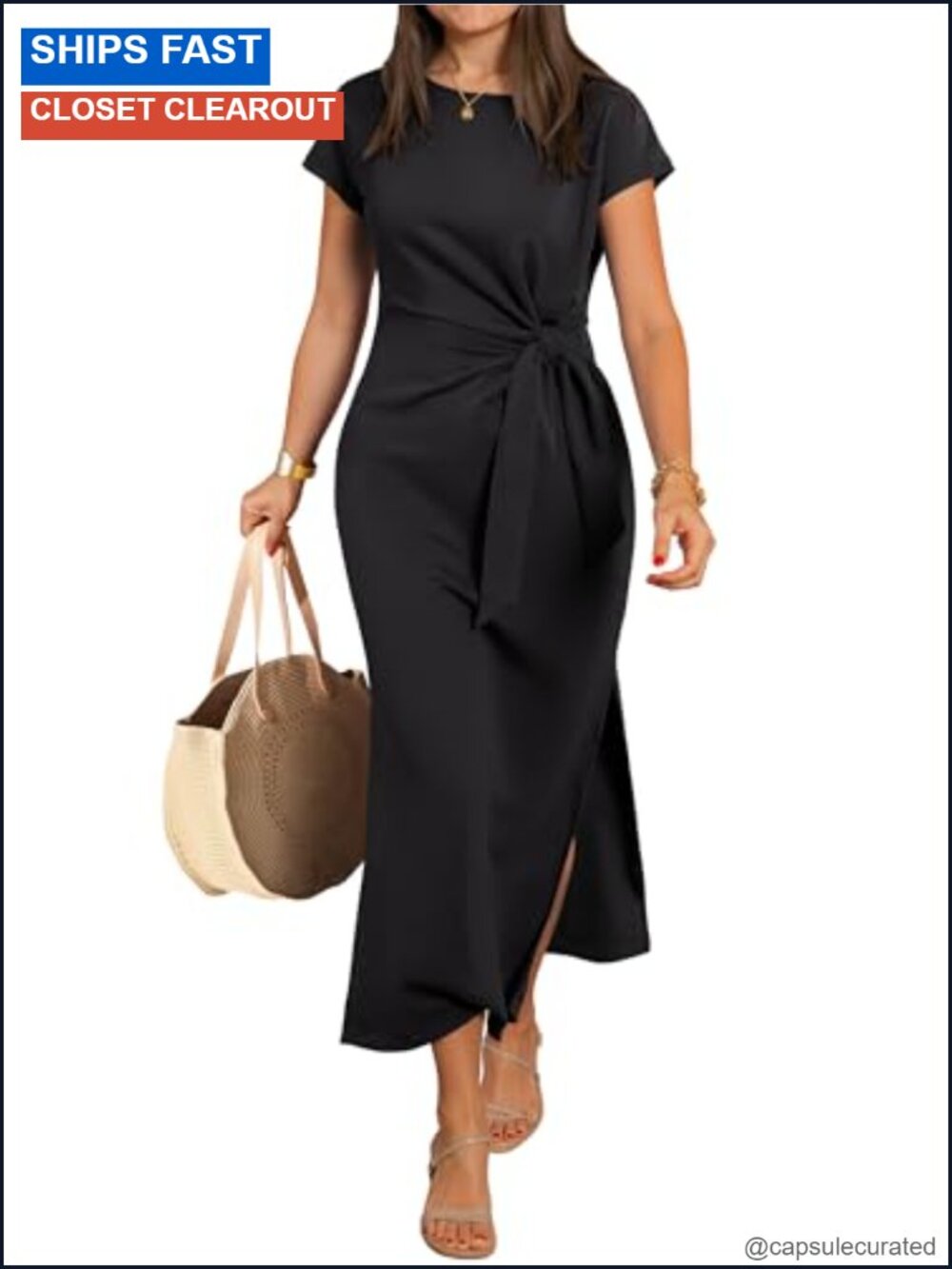 Womens Wrinkle-Free Slim Fit Maxi Dress Tie Waist Side Slit Summer